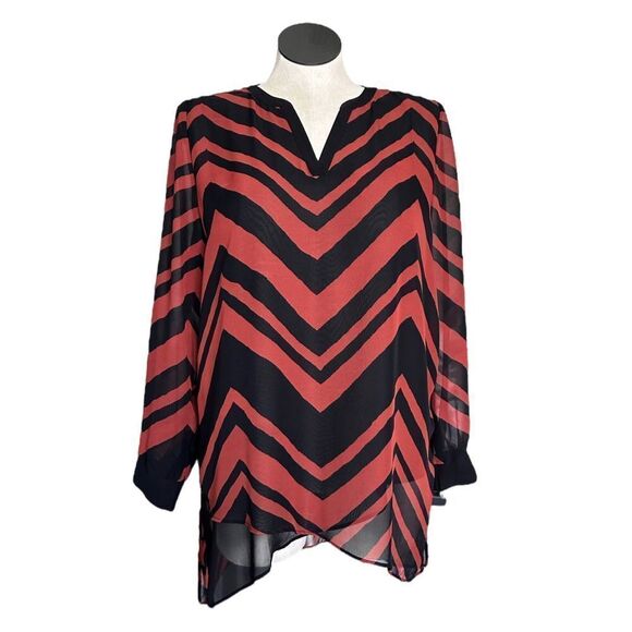 Susan Graver Women’s Burnt Orange Chevron Print High-Low Blouse Size 16‎ - Picture 1 of 7